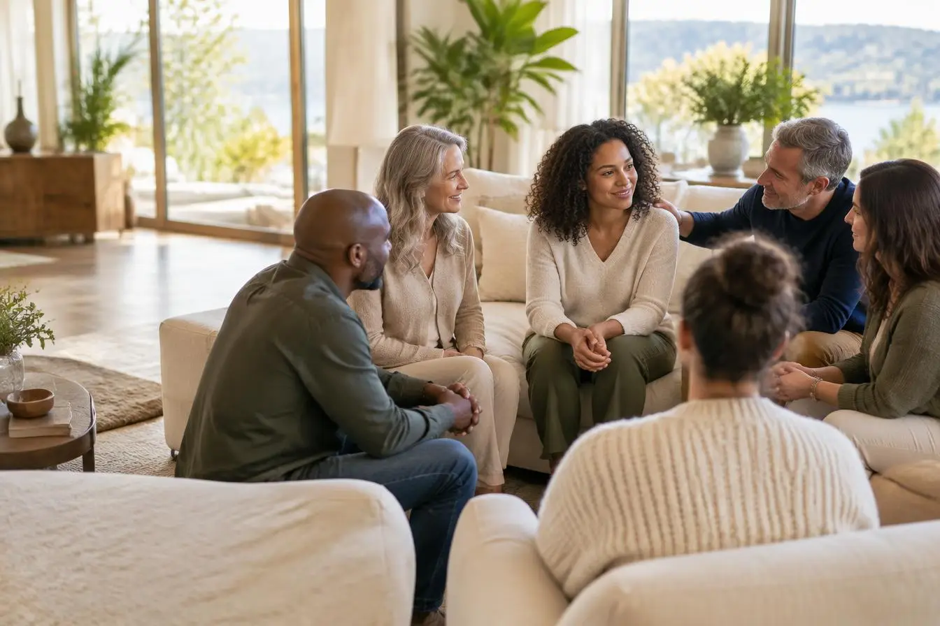 Family members supporting a loved one during a group conversation at an addiction rehab treatment center